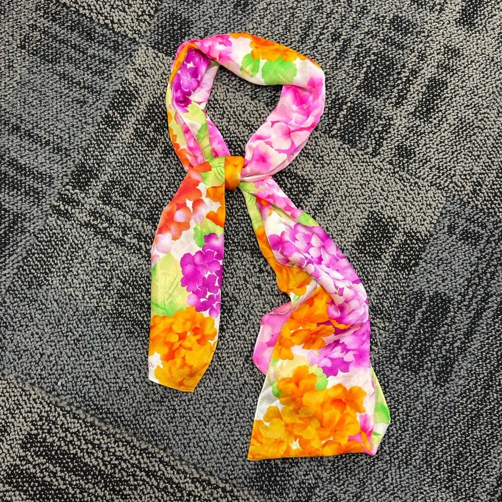 Echo Silk Scarf Floral Orange Pink Green Hand Rolled Hem Mod Retro